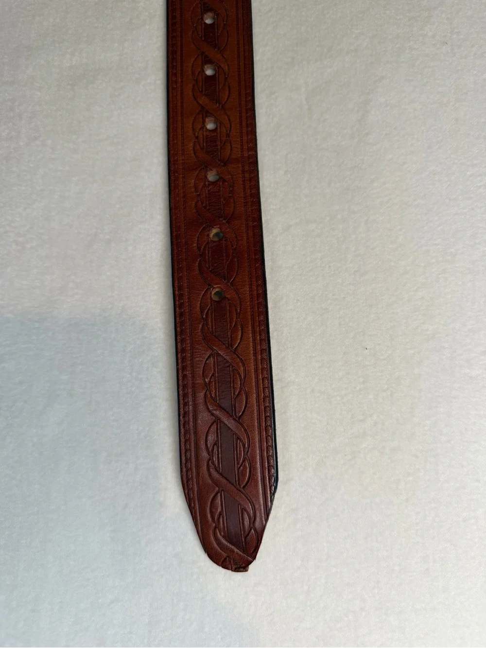 Vintage Hand Tooled Brown Leather Belt Celtic Braid Brass Buckle 29-34”